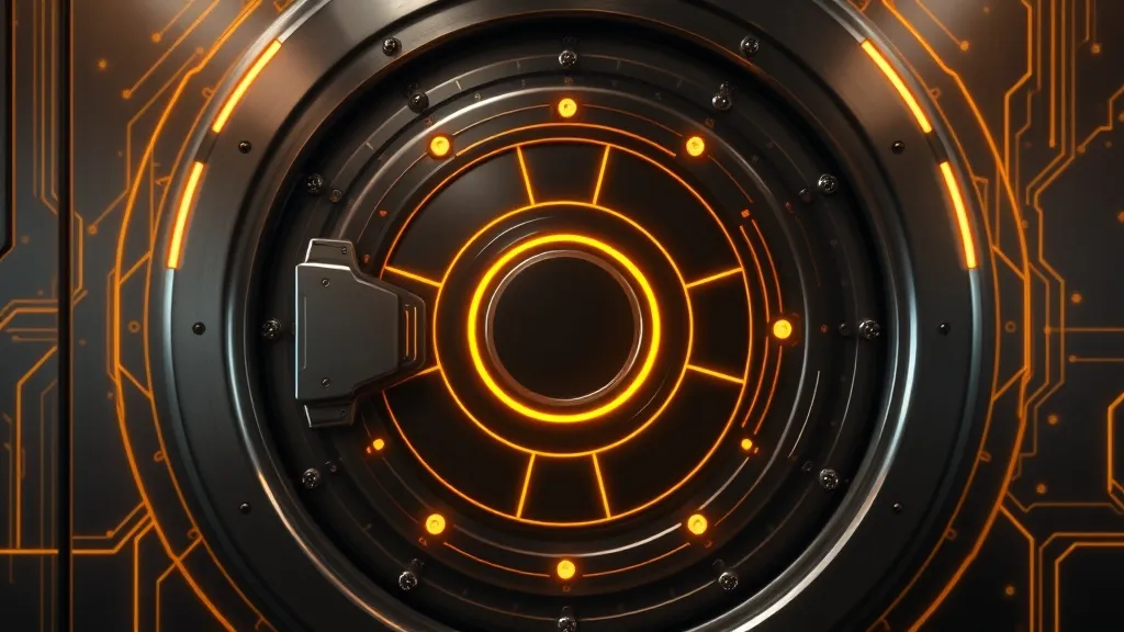 A high-tech digital vault door with glowing gold circuitry l