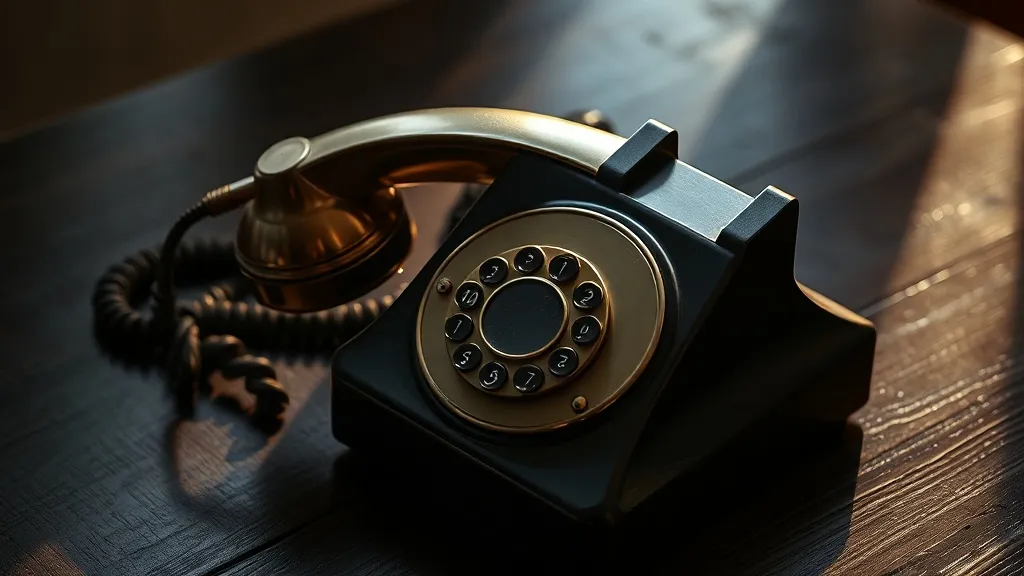 A vintage telephone receiver lying on a dark wooden table, d