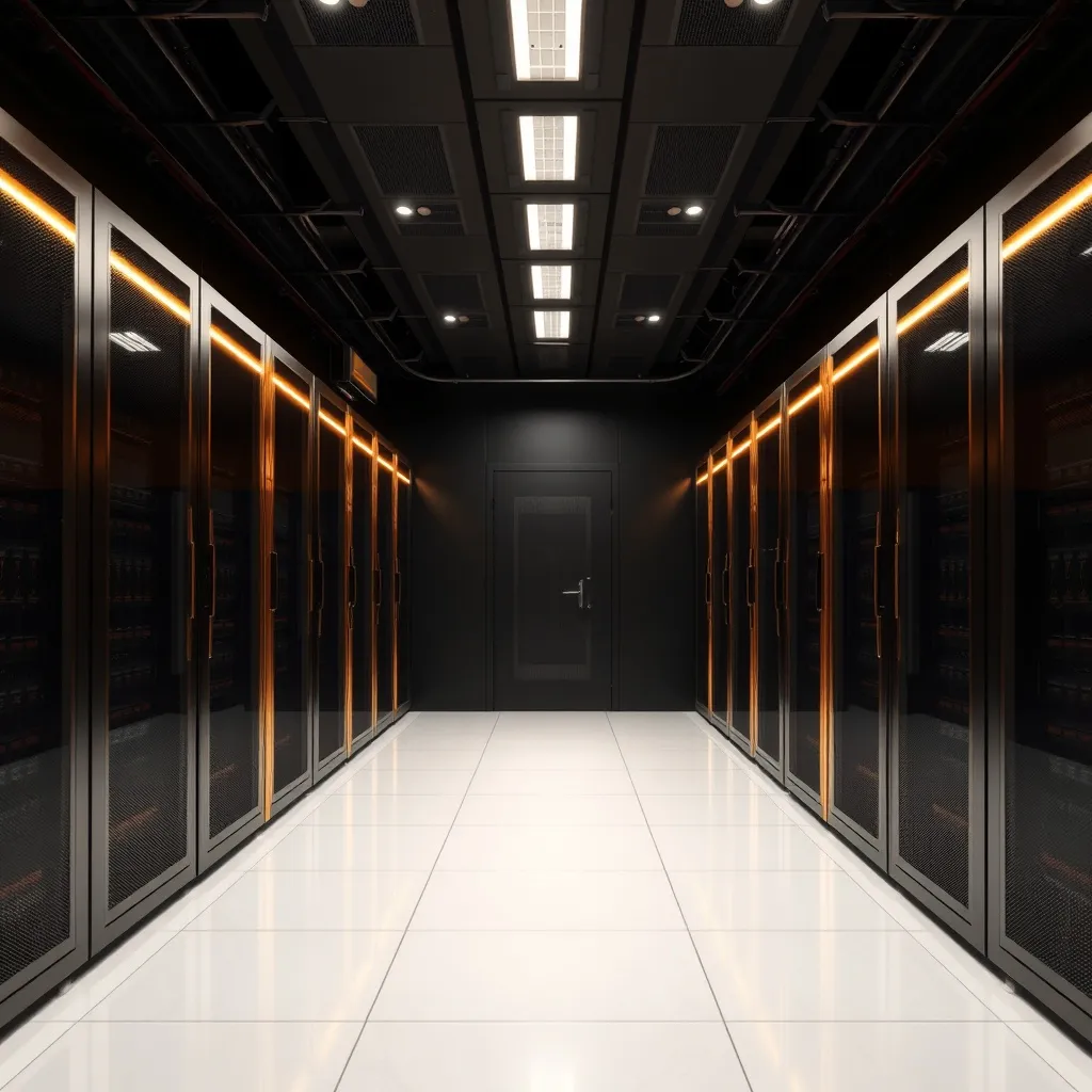 High-tech secure server room with dark brown and gold lighti